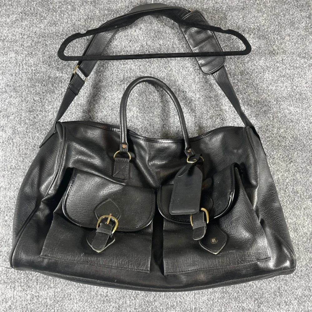 VTG PS Paul Sebastian Duffle Bag Mens Large Black Leather Travel Weekender 90s